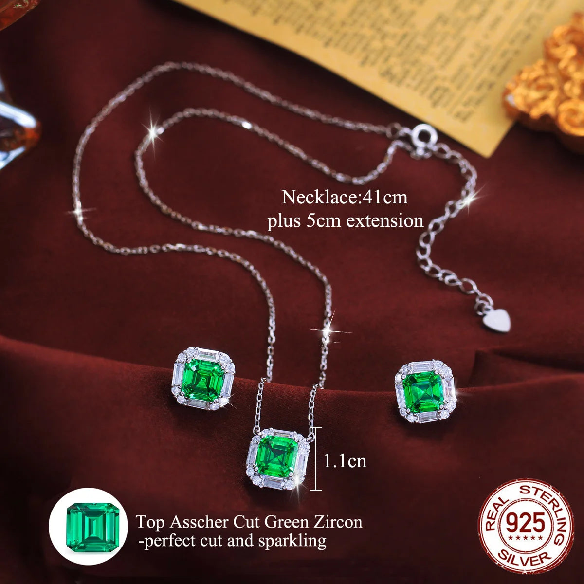 S&S 925 Silver Rhodium Plated Green Zircon Flower Pendant Necklace & Earring Set – Collection