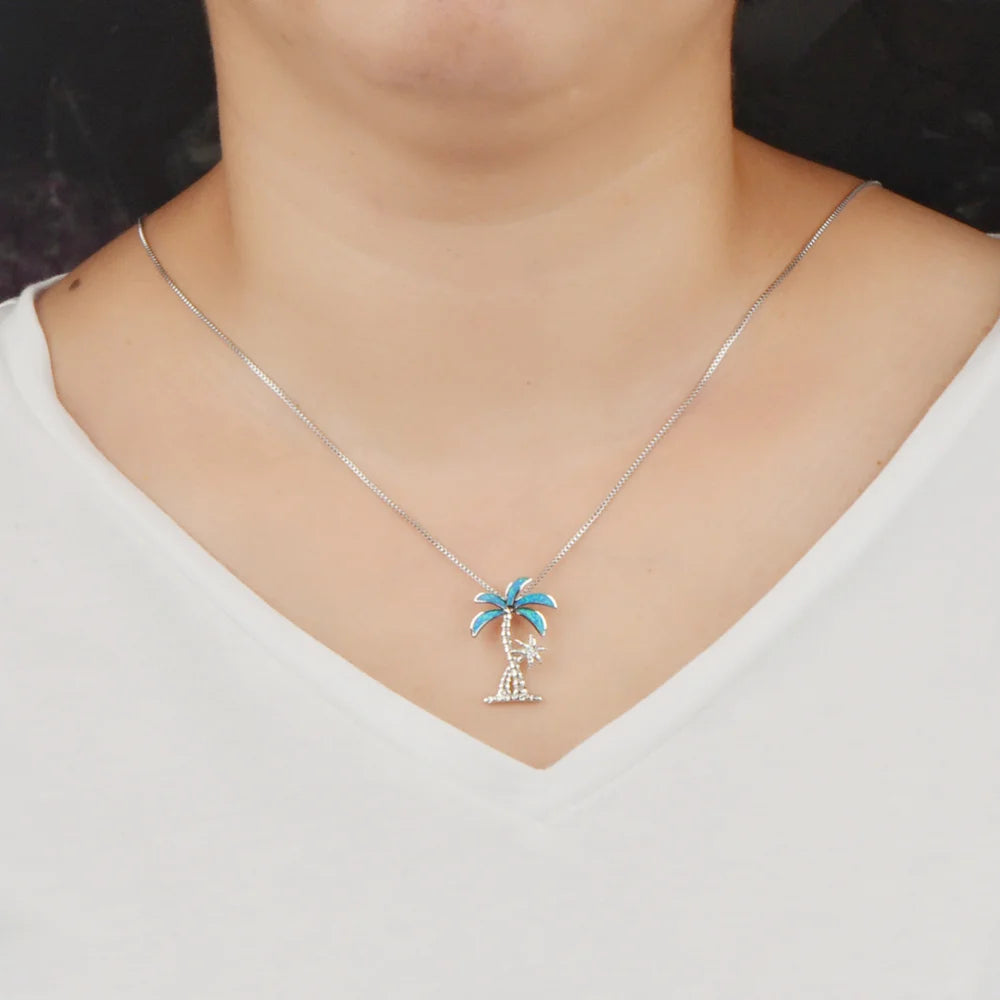 Chic Beach Motif Necklace Aobao Palm Tree Inlaid Pendant Fashion Jewelry
