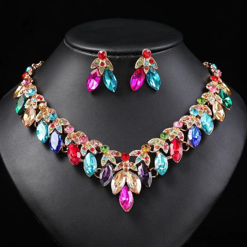 Retro Crystal Flower Clavicle Necklace & Earrings Set | Exaggerated Rhinestone Fashion Jewellery | 5 Colours