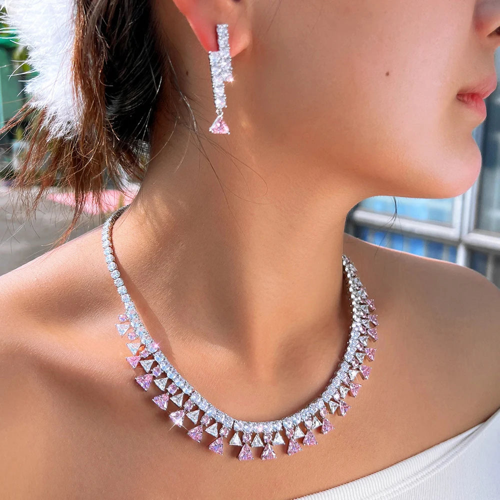 Shinning Triangle Shape Cubic Zirconia White and Pink Luxury Jewelry Set for Women Gathering Party Necklace and Earrings Set