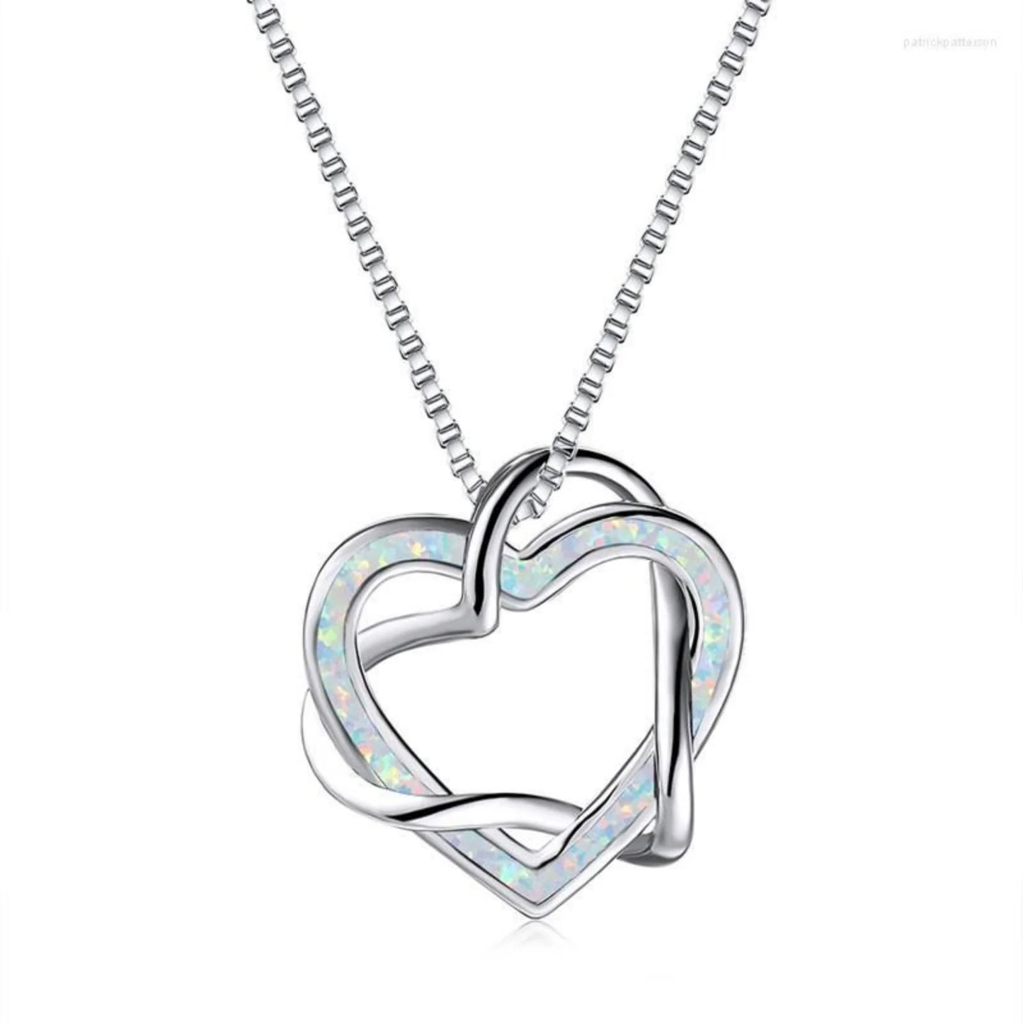 Eternal Intertwined Heart Copper Silver Plated Lariat Opal Pendant-Blue Fire Opal Inlaid Double Heart Design | Romantic Love