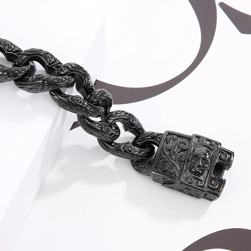 REBEL 220mm Men Punk Black Stainless Steel Skull Charms Cuban Links Bracelet