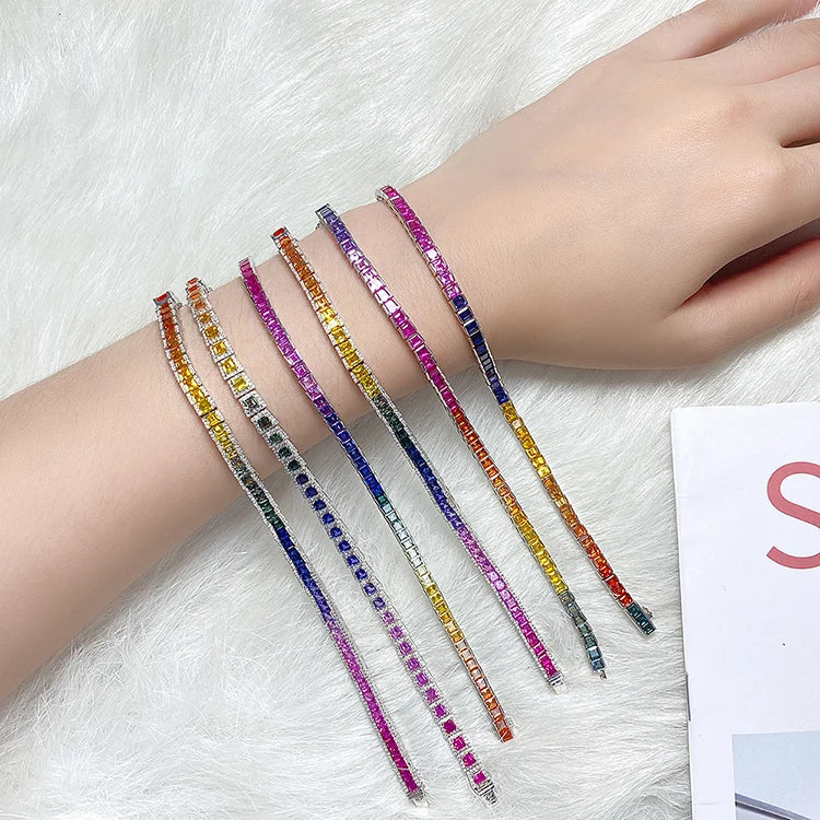 Gemfiori ANSTER Tennis Bracelet Women's 925 Sterling Silver Handmade Iridescent Color Rhodium Plated Jewelry for Parties and Gifts