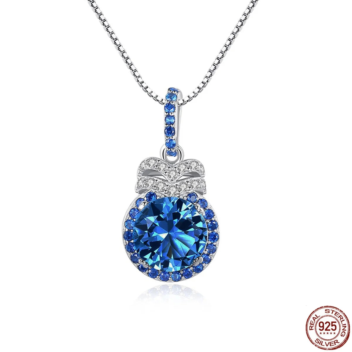 S&S 925 Sterling Silver Rhodium Plated Round CZ Pendant Necklace – White & Blue – Collection