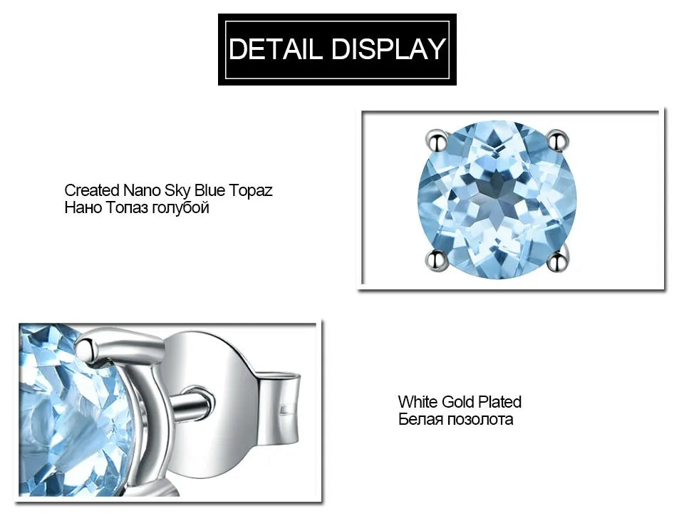 Fashion Zircon Sky Blue Stud Earrings Round 925 Sterling Sliver Gemstone Stud Earrings Jewelry for Women