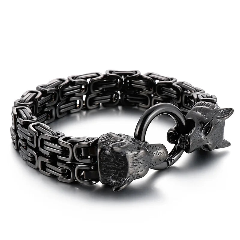 REBEL Wolf Head Byzantine Stainless Steel Bracelet