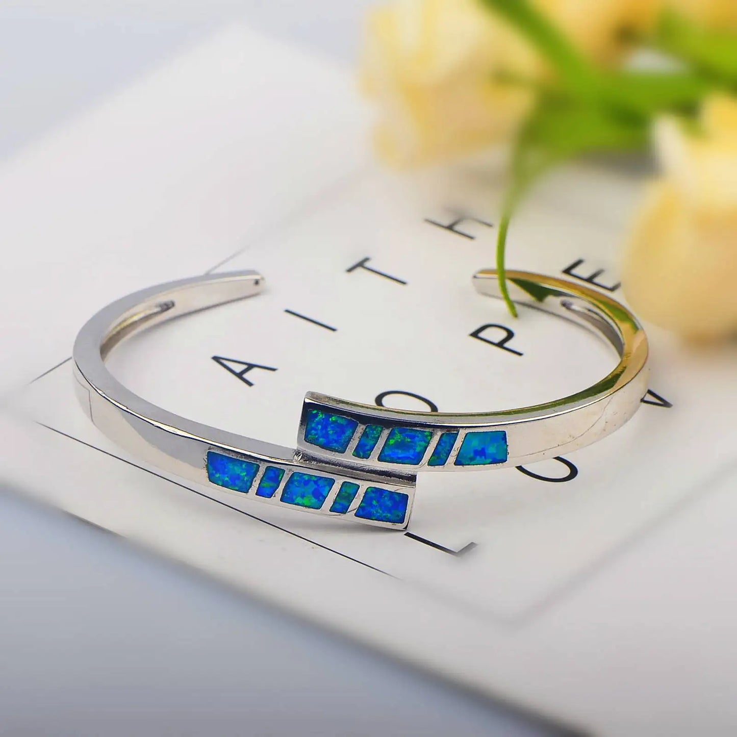 Blue Opal Beaded Brass Bangle Aobao Geometric Inlaid Silver Plated Christian Fashion Jewelry for Anniversary