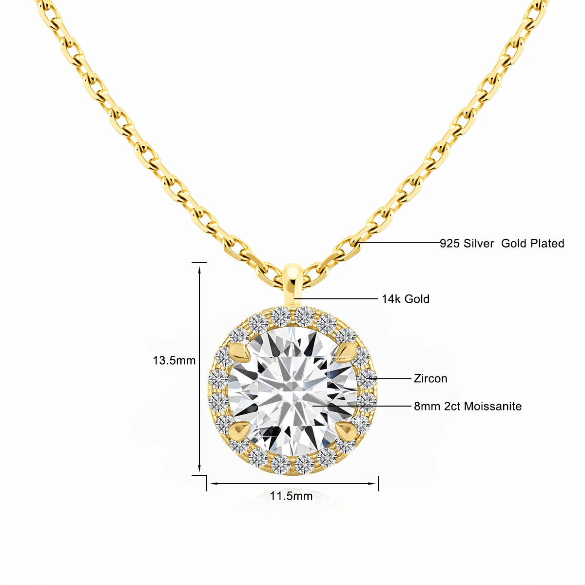 Gioiellieri Luxury 0.5ct 1ct 2ct Round Moissanite Jewelry Halo 14K Gold Women's Gemstone Pendant Premium Gift