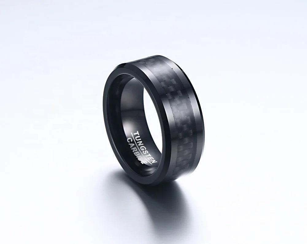 POYA Jewelry 8mm Black Tungsten Ring Inlaid Black Carbon Fiber One Piece MOQ