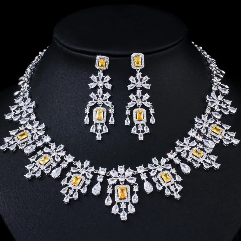 Shiny Red Cubic Zircon Big Round Tassel Drop Necklace Earrings Jewelry Sets for Brides Luxury Wedding Prom Dress Accessories