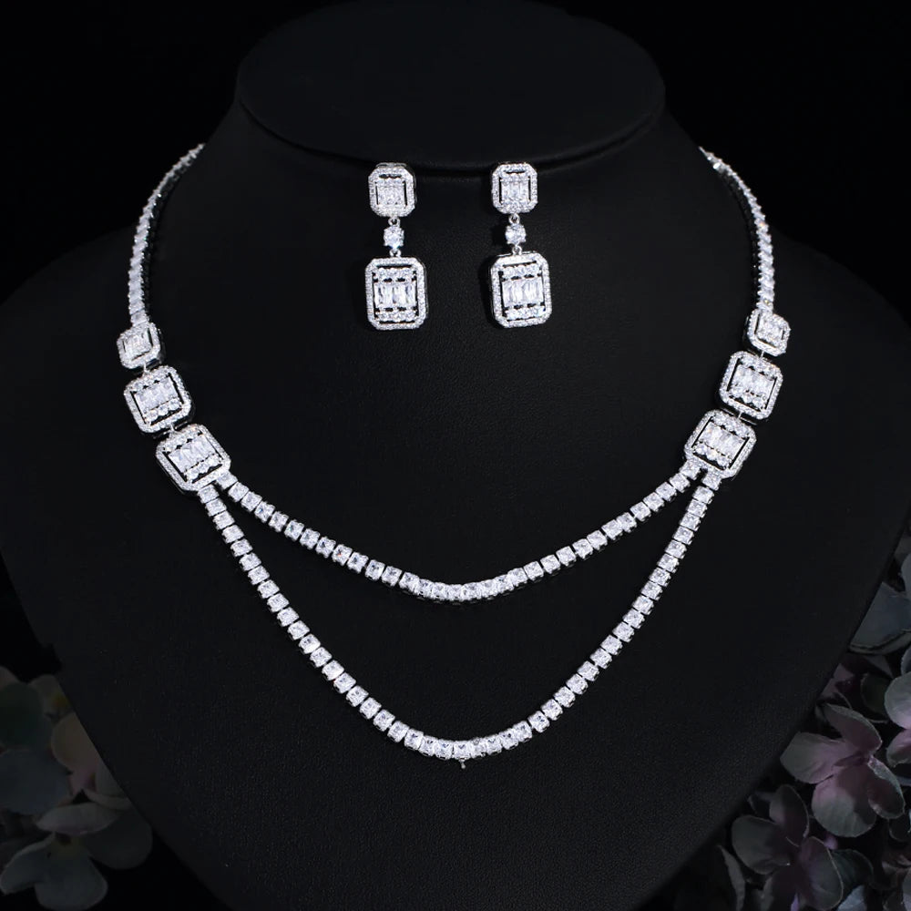Wholesale Shiny White Cubic Zirconia Double Layered Wedding Evening Chain Necklace Bridal Party Wear Jewelry Sets for Women