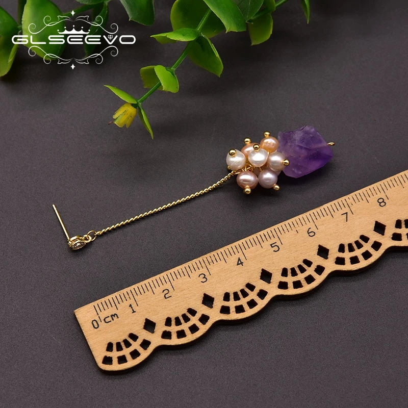 Natural Freshwater Pearl Long Dangle Earrings for Woman Wedding Amethyst 925 Silver Shell Flower Korean Jewelry