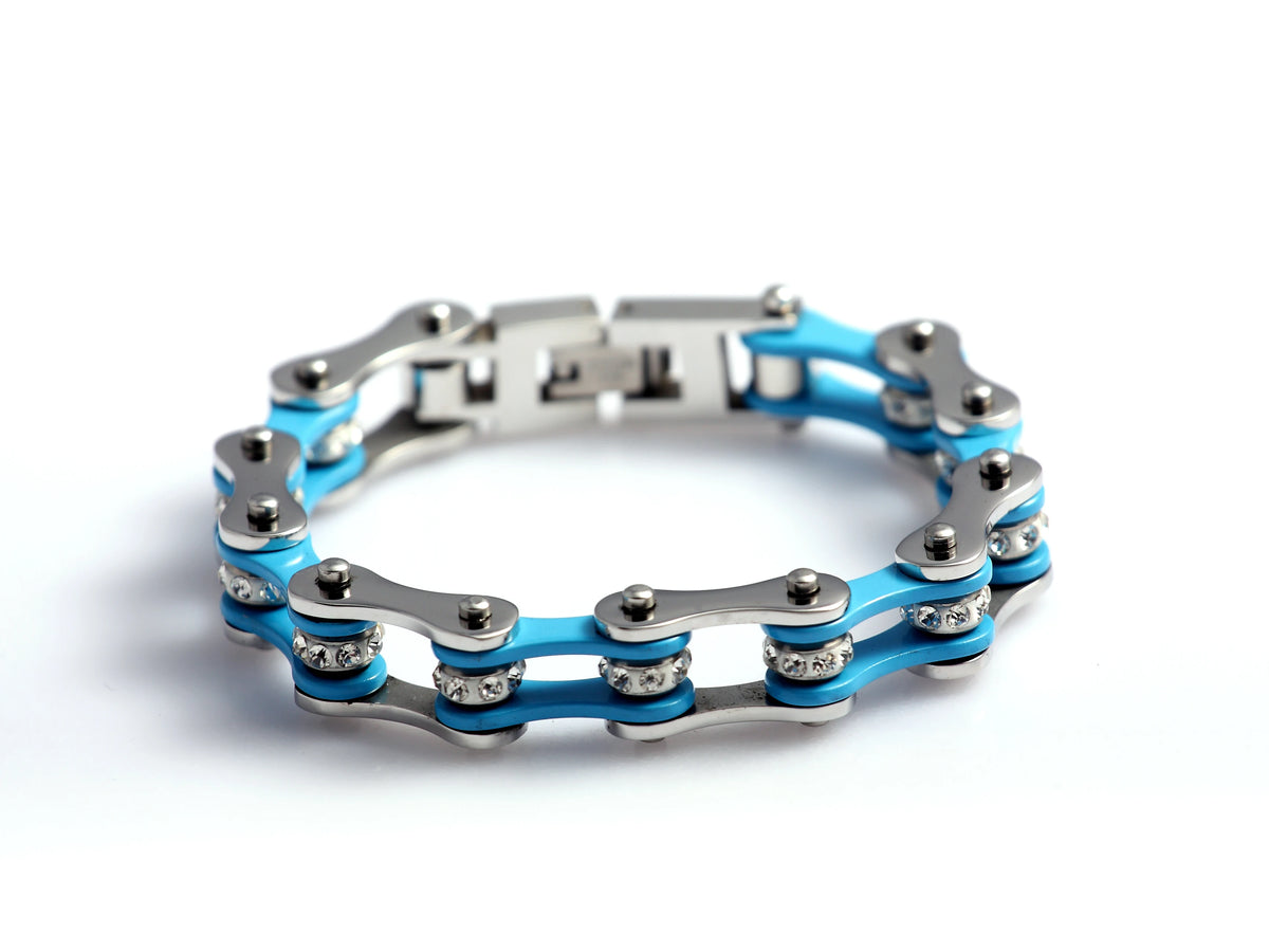 REBEL Motorcycle Chain Ladies Bling Bracelet Silver & Light Blue Color Link Chain 316 Stainless Steel Bicycle Biker Bracelet