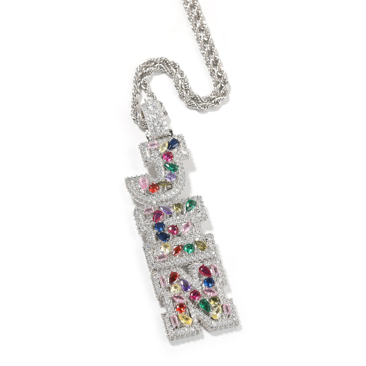 BiG-BOSS Uwin Mix Setting Name Pendant Multi Color CZ Initial Pendant Vertical Letter Pendant Hip Hop Personalized Jewelry