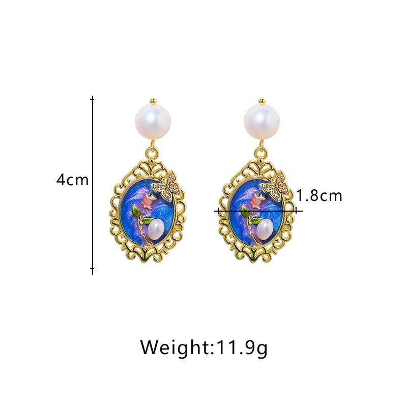 Natural Freshwater Pearl Oil Painting Butterfly Earrings Korean Style Women Luxury Jewelry Fashion Ladies and Girls Gift GE1569