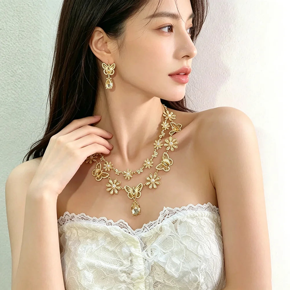 Luxury Princess-Cut Zirconia Pearl & Crystal Butterfly Floral Necklace & Earrings Bridal Set — Platinum Plated Gold