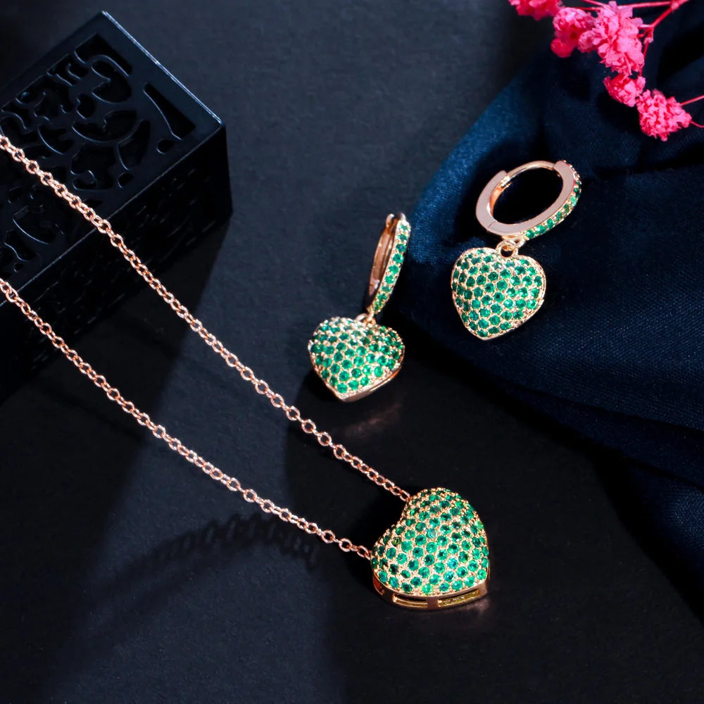 S&S Heart CZ Necklace & Earrings Set – White, Red, Blue & Green – Gold Plated – Collection