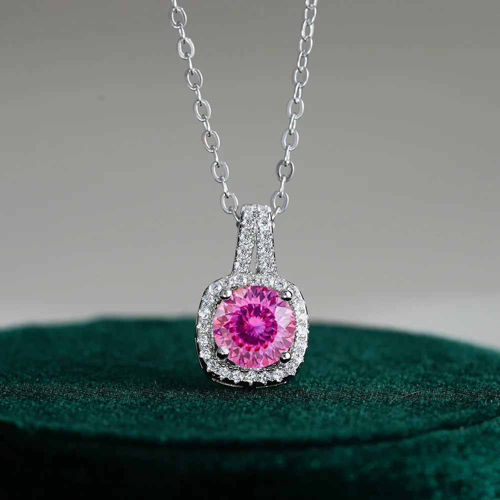 Fine Jewelry 925 Silver Square Bezel Set Round Cut 1CT 2CT VVS GRA Certified Colorful Moissanite Diamond Pendant Necklaces Women