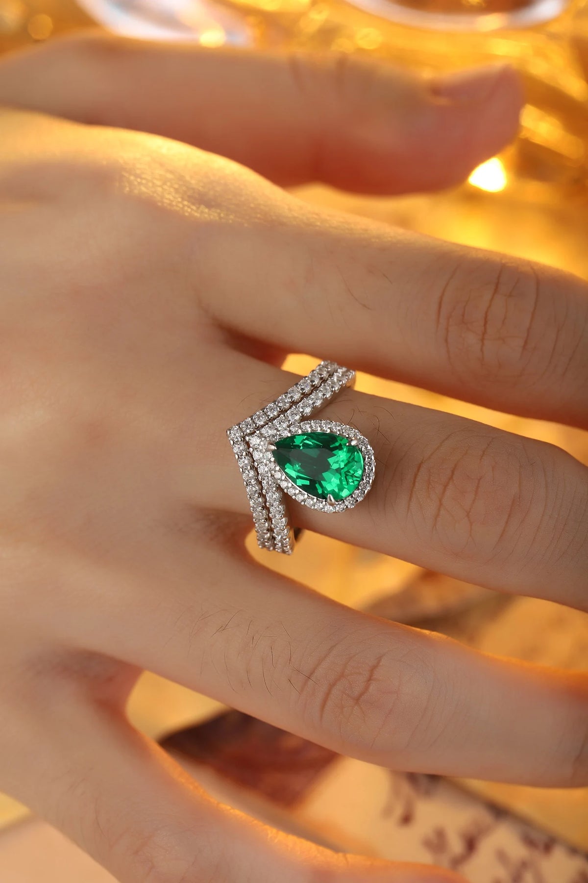 Gemfiori 925 Sterling Silver Pear Cut Lab Grown Emerald Ring Pear Shape Band Women Engagement Wedding Party Fine Jewelry Gift