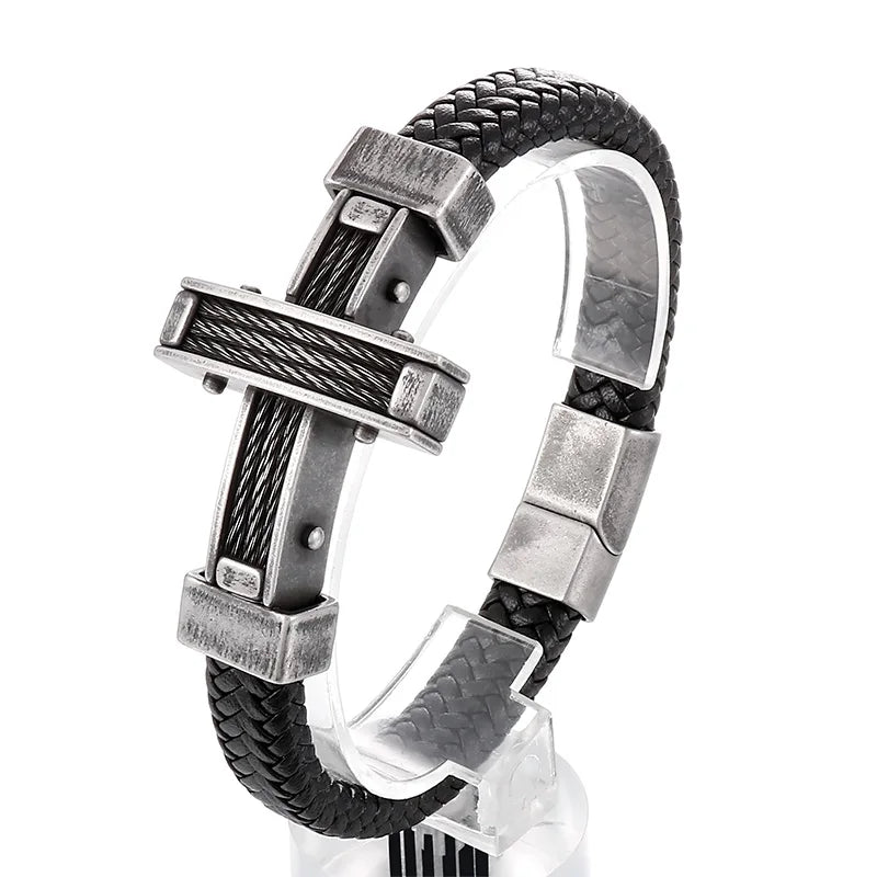 KALEN 215mm Trendy Silver/Gold/Black/Grey Cowhide Leather Bracelet With Stainless Steel Cross