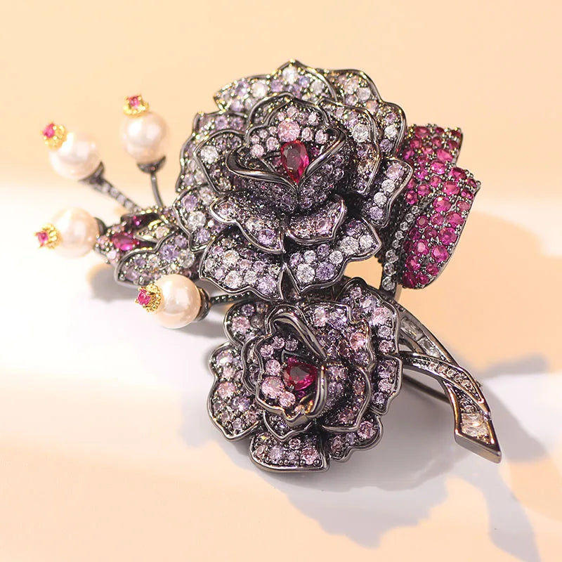 High-end Vintage Camellia Zircon Rhodium Plated Brass Brooch Pin Women Engagement Wedding Party Birthday Gift Fashion