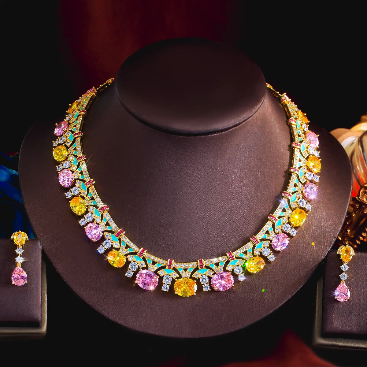 Graceful Pink and Purple Oval Cut Shape Cubuic Zirconia Green Enamel Statement Jewelry Set for Women Evening Prom Jewelry Gift