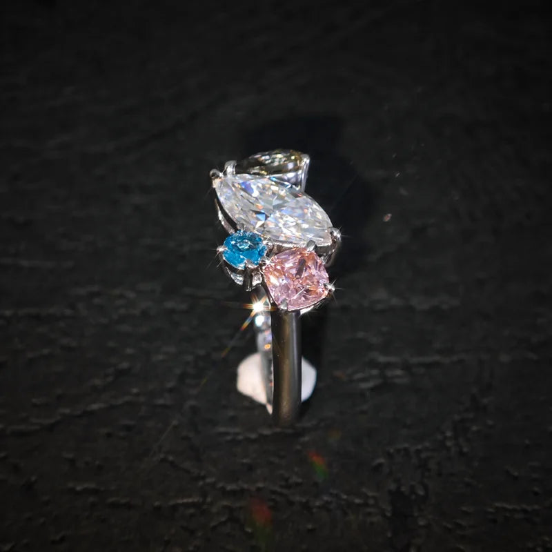 Gemfiori Fine Jewelry PT950 Marquise Cut Moissanite Sapphire Cocktail Colorful Gemstone Ring Pear Platinum Ring Pass Diamond Tester