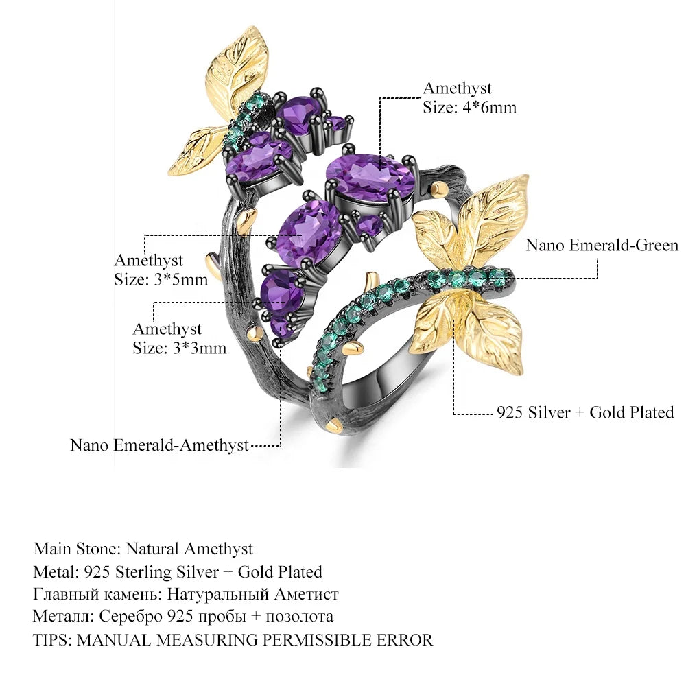 ArtistA Abiding Fine Jewelry 925 Sterling Silver Nano Emerald Gold Plated Butterfly Natural Amethyst Gemstone Rings for Women