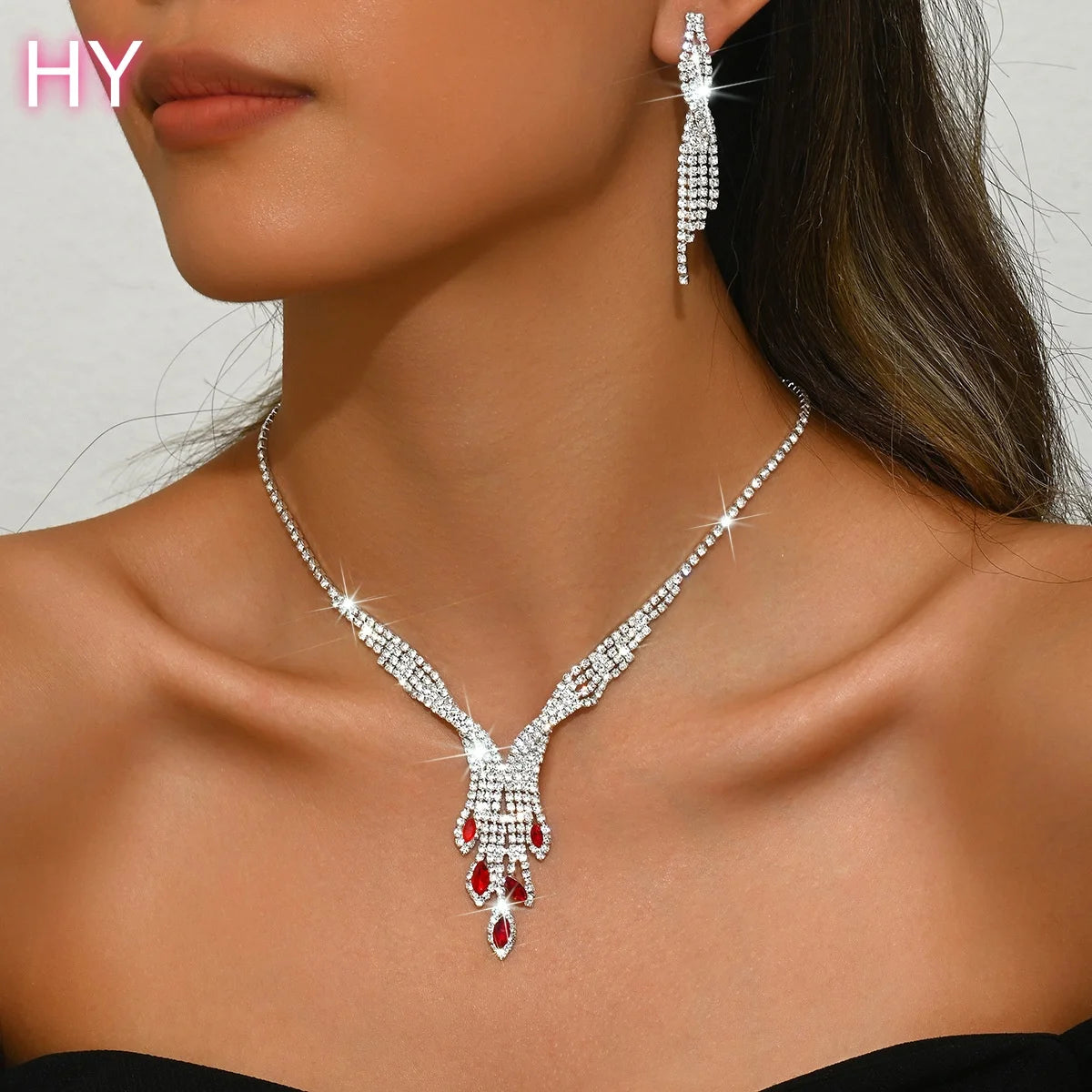HY European and American Korean Bridal Creative Shining Necklace Earrings Fashion Set