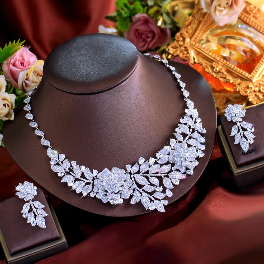Sparking White Cubic Zirconia Flower Leaf Shape Exaggerating Earrings Necklace Luxury Bridal Wedding Big Jewelry Set for Women
