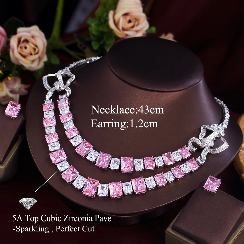 Super Shiny Luxury Design White and Pink Square Cut Cubic Zirconia Double Layer Wedding Bridal Big Jewelry Set for Women