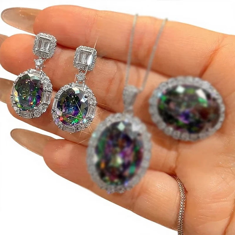 S&S Oval Cut CZ Vintage Jewellery Set – Pendant, Ring & Earrings – Gold Plated – Collection