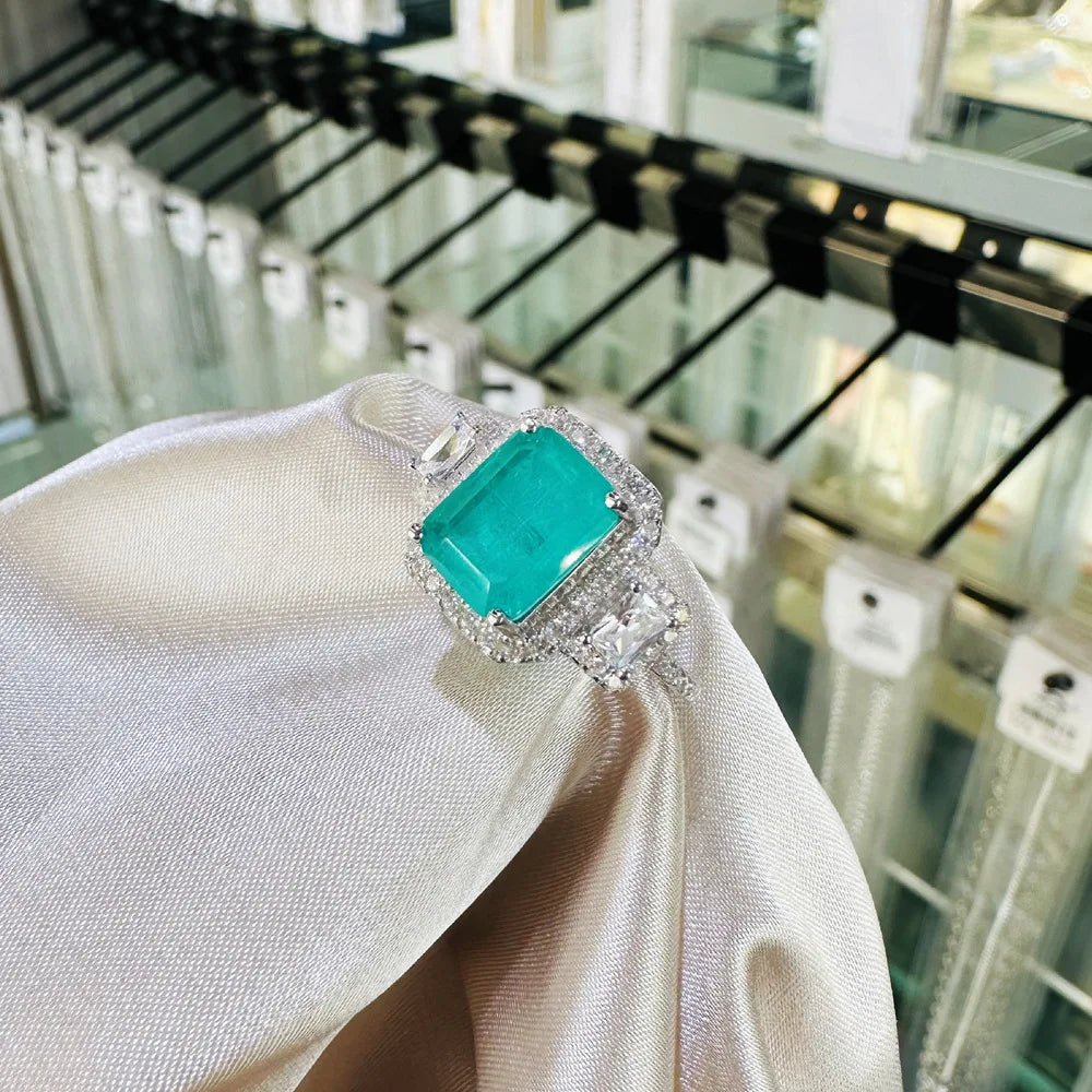MuShan Jewelry Factory New 8 * 10mm Blue Green with Cotton Emerald Ring Women Pure Silver Simulation Gemstone Silver Jewelry