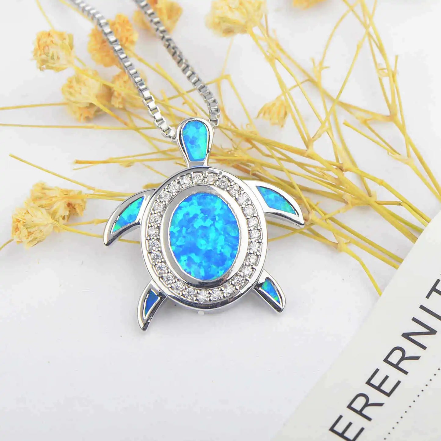 Aobao New Ocean Series Blue Opal Turtle Necklace, Turtle Pendant Sweater Chain, Opal Necklace