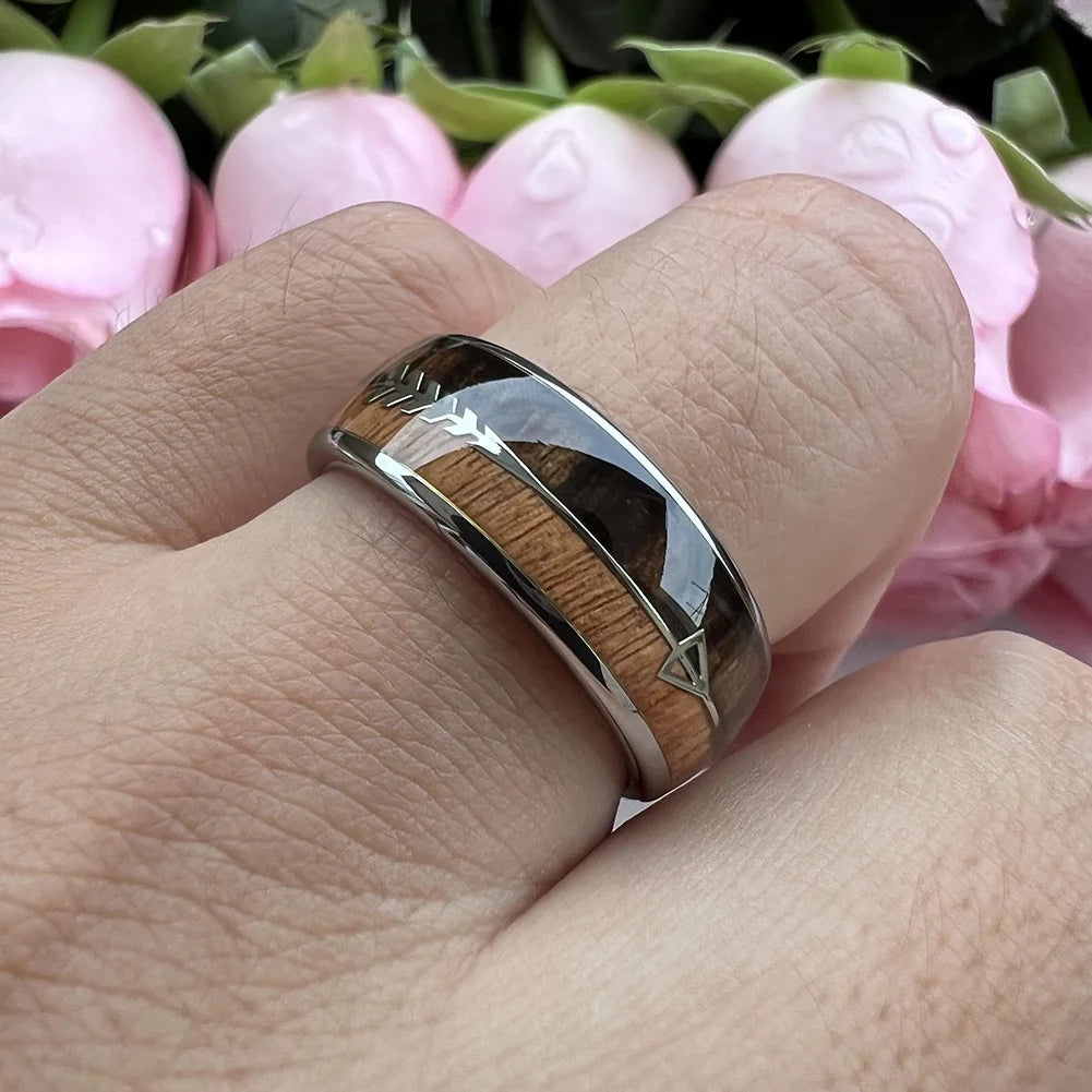 Coolstyle Jewelry 8mm Wholesale Dropshipping Koa Wood Arrow Inlay Tungsten Ring for Men Women Fashion Engagement Wedding Band