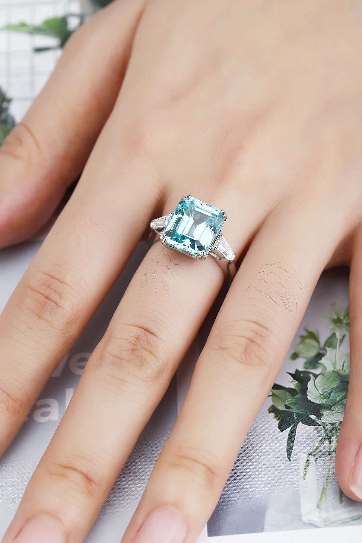 Gemfiori Anster 925silver Emerlad Cutting Lab Grown Paraiba and Moissanite Ring for Women Customized Service Rings Acceptable