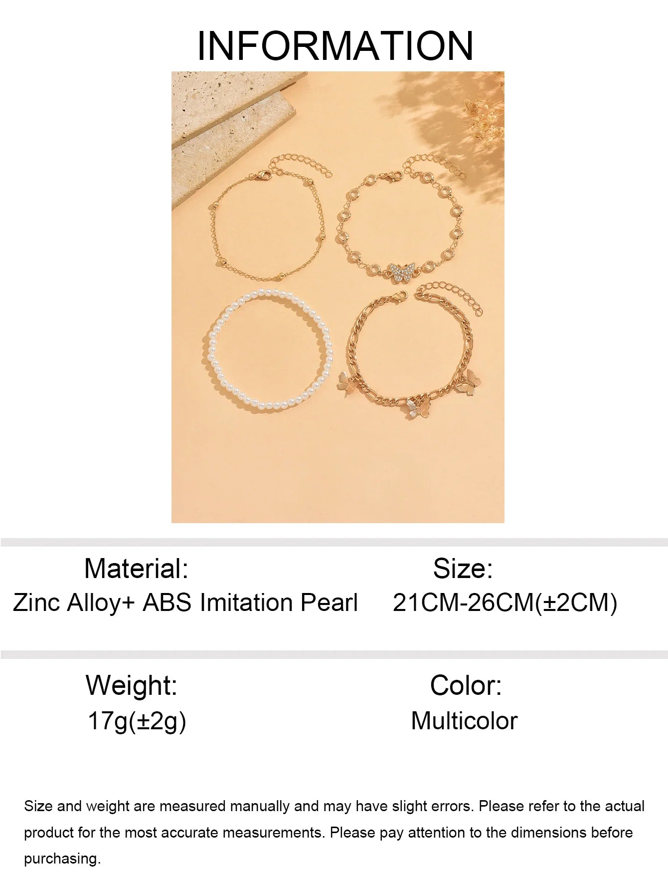 Hot Sales Zinc Alloy 4pcs/set Butterfly Waterproof Anklets Gold Plated ABS Imitation Pearl Iron Foot Chain for Summer Gift Women