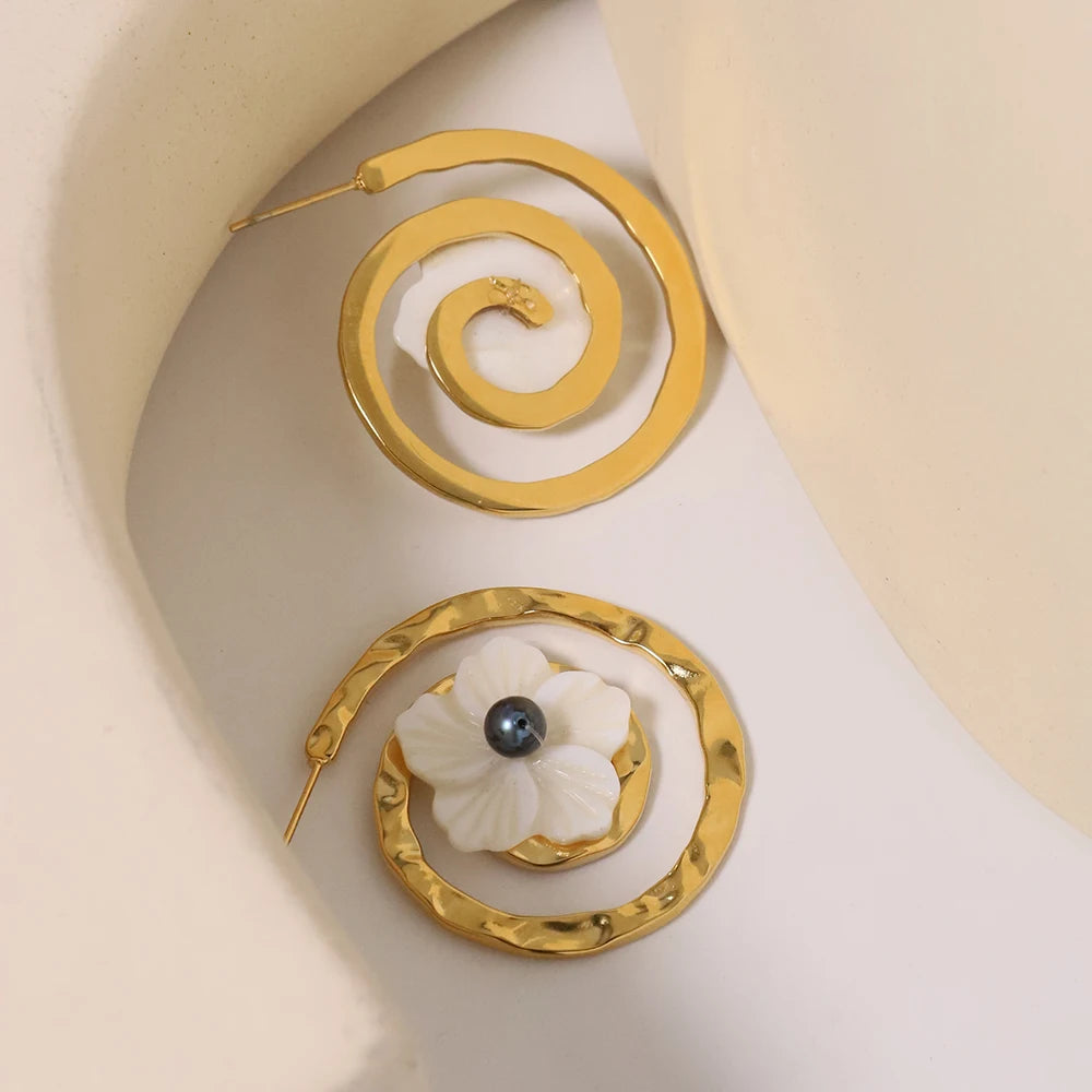Women Cute Spiral Shell Flower Earrings With Pearl Pendant Stainless Steel Earrings Jewelry for Women Exquisite Wedding Gifts
