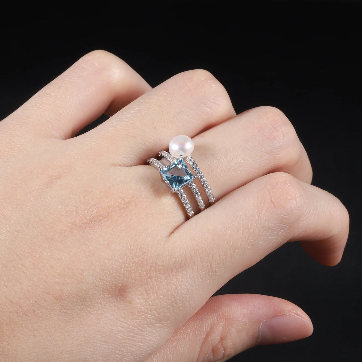 ArtistA Geometrical Line Design Sense Women Jewelry Set S925 Square Emerald Cut Sky Blue Topaz White Fresh-water Pearl Ring Earrings Set