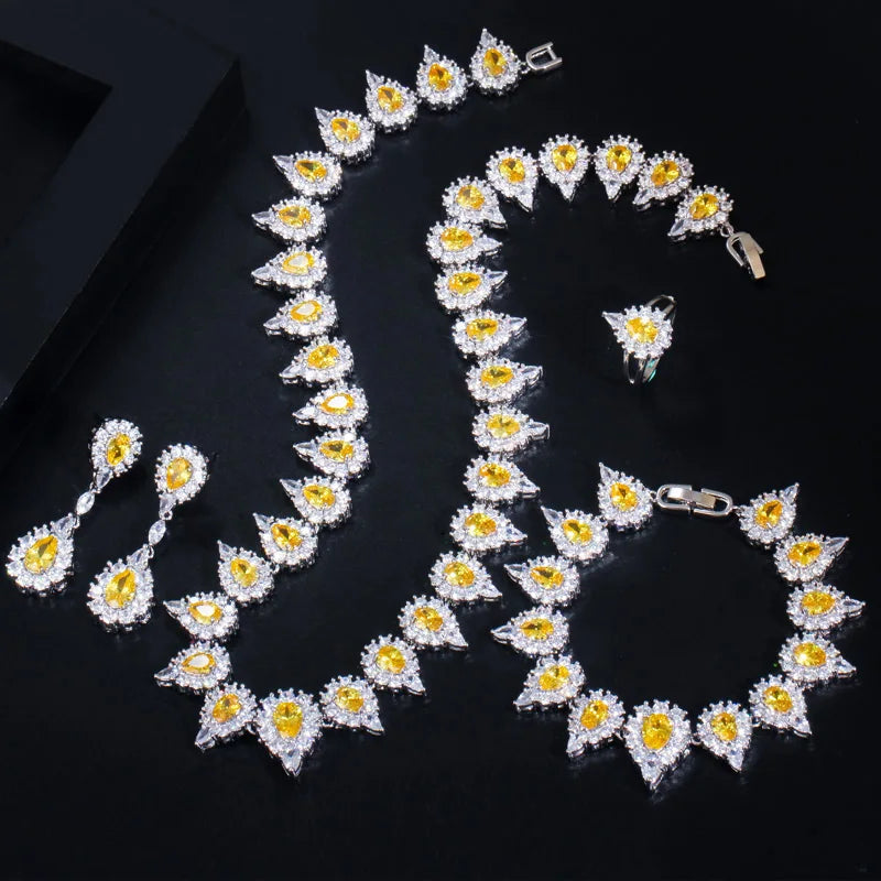 4 Piece Yellow Cubic Zirconia Wedding Luxury Saudi Arabia Dubai Bridal Jewelry Set for Women Costume Accessories