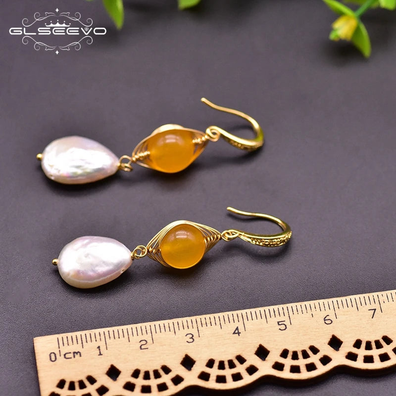 Natural Baroque Pearls Dangle Earring Yellow Jade Jewelry for Women Girl Birthday Gift Earrings Bulk