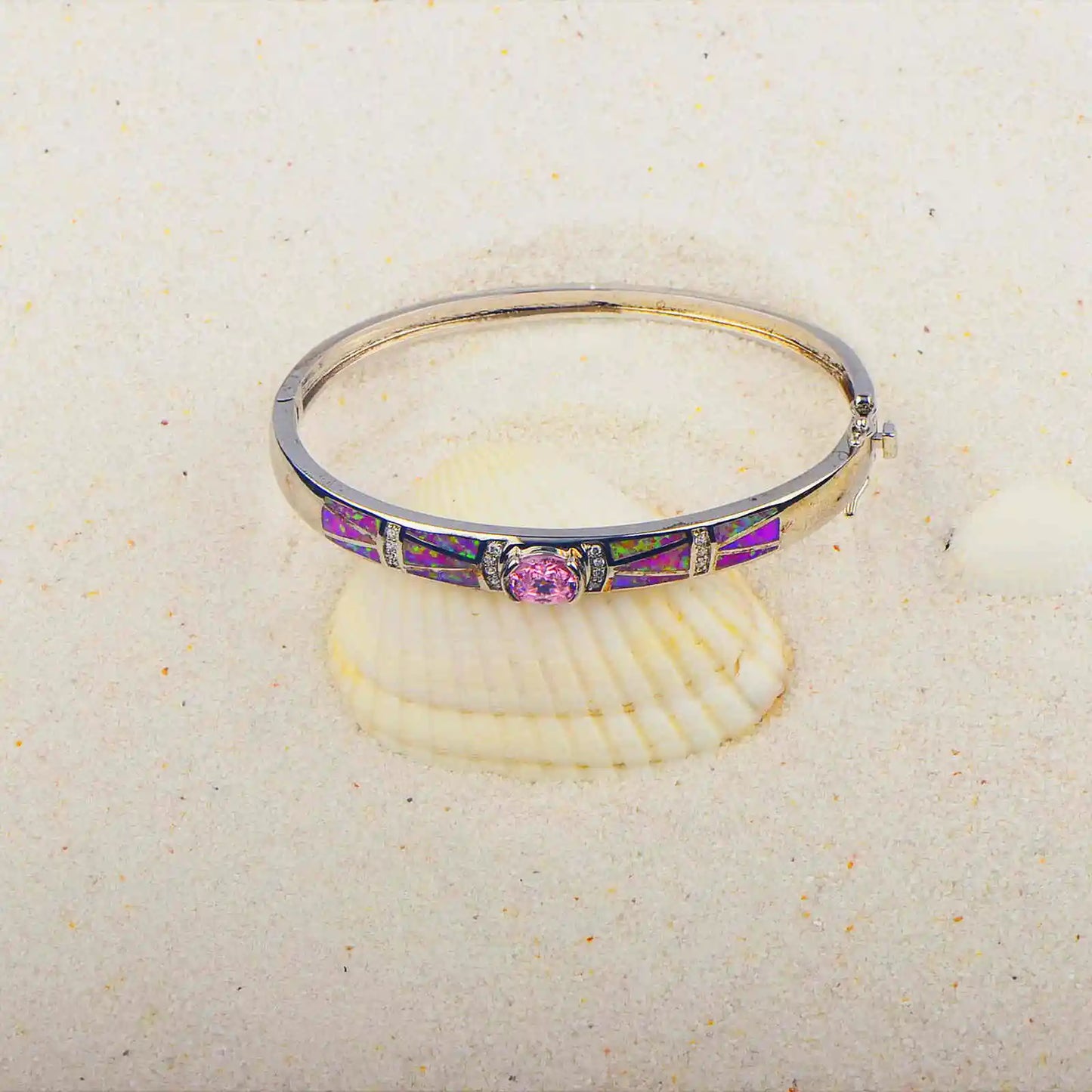 pink Opal Bangle Aobao Geometric Inlaid Silver Tone Fashion Jewelry