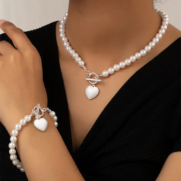 S&S Heart Charm Imitation Pearl Necklace & Bracelet Set – Collection