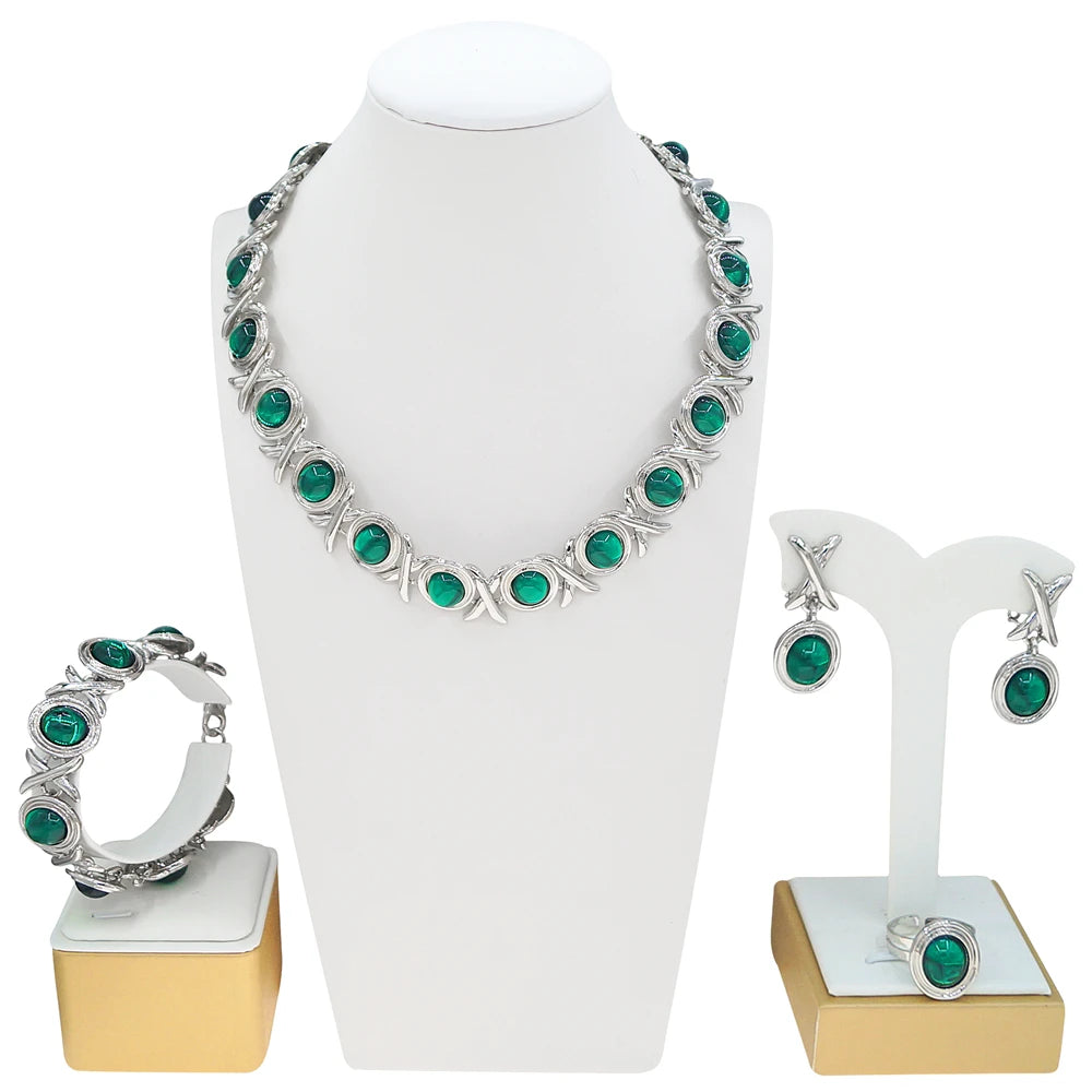 Zhuerrui Classic and Fashionable XO Women's Jewelry Set, High-end Emerald, Elegant and Romantic African Couple JewelryX0305