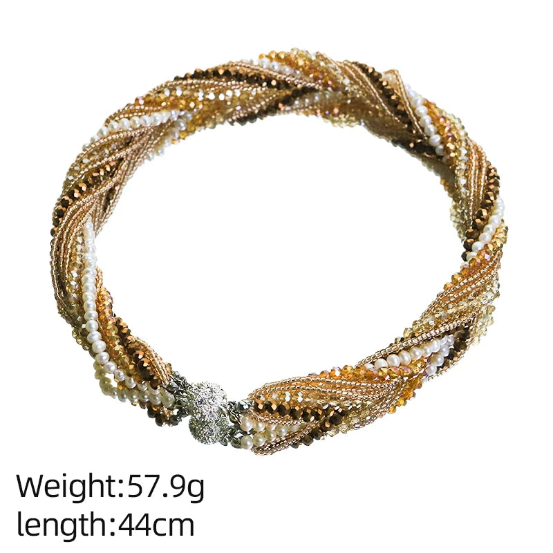 GLSEEVO Natural Freshwater Pearl & Champagne Crystal Multi-Strand Twisted Necklace & Bracelet Set — Luxury Banquet Jewellery
