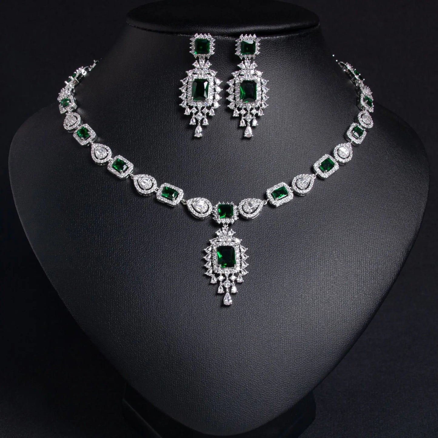 Luxury Princess-Cut Zirconia Rectangle Necklace & Earrings Bridal Set — Rhodium Plated