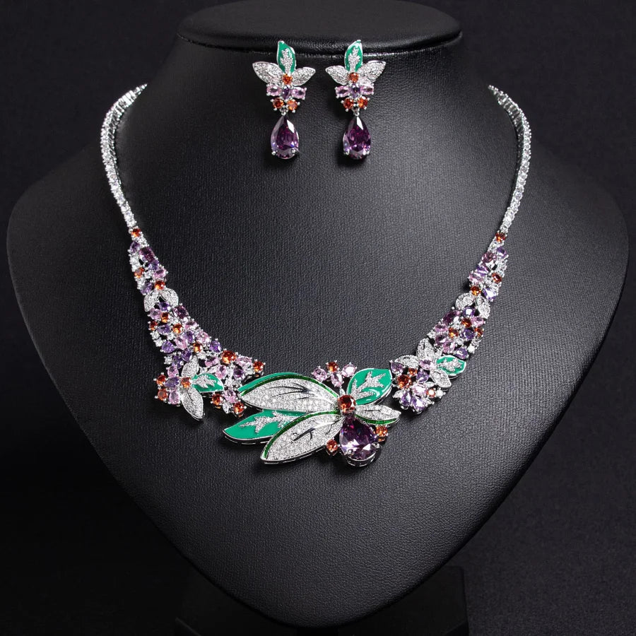 Newest Vintage Platinum Plated Brass Greek Iris Zirconia Dragonfly Necklace Earrings Sets Retro for Anniversary Gift