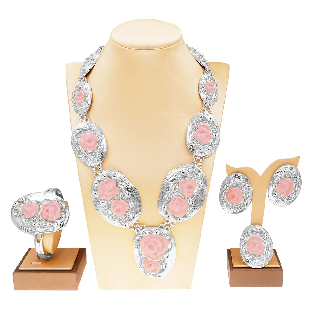 Zhuerrui Two Tone Italian Gold Jewelry Sets Necklace Bracelet Earrings Ring Bridal Western Heavy Wedding Fine Jewelry Set H00615