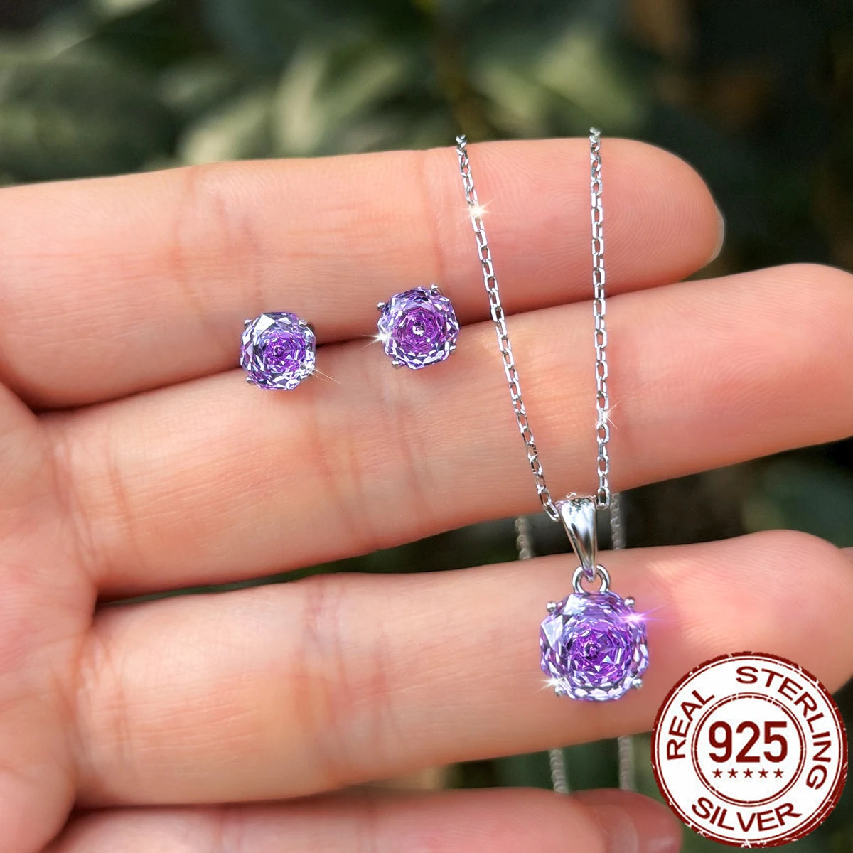 S&S 925 Sterling Silver Purple Rose-Cut CZ Jewellery Set – Necklace & Earrings – Collection