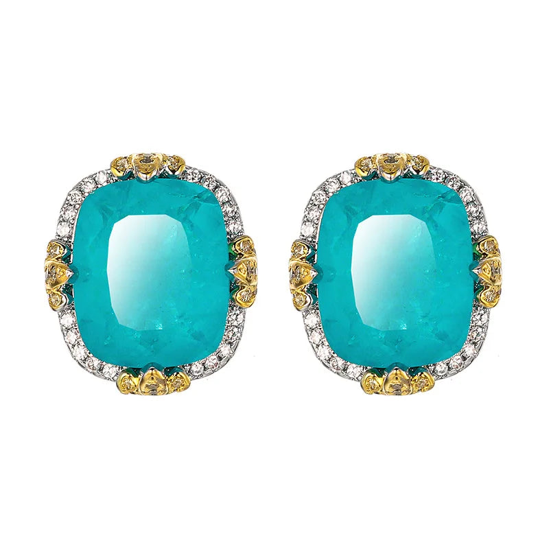 REDheart Women's Copper Inlaid Zircon Plated Two-Color Open Ring Copper Base Gold-Plated Imitation Paraiba Blue Wedding Party Set